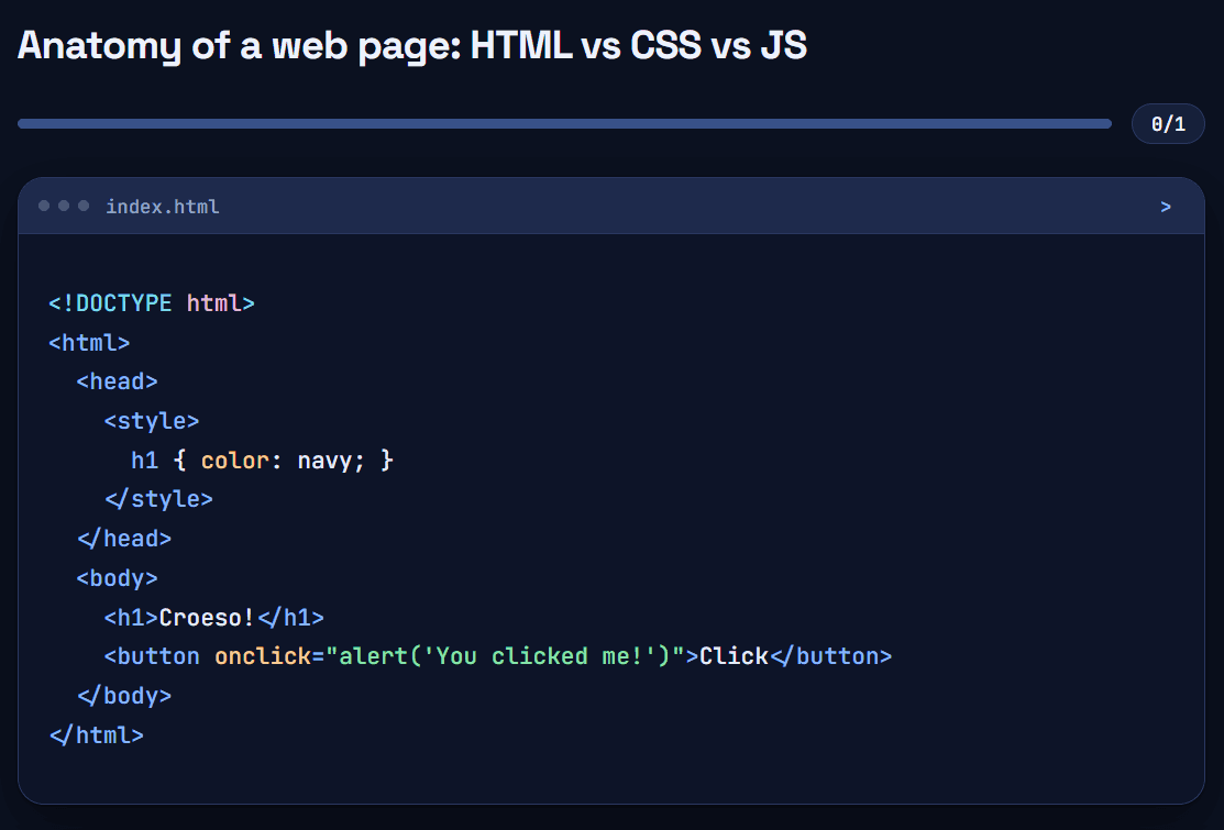 A Decoded lesson titled Anatomy of a web page, showing a short block of HTML code in a code editor panel.
