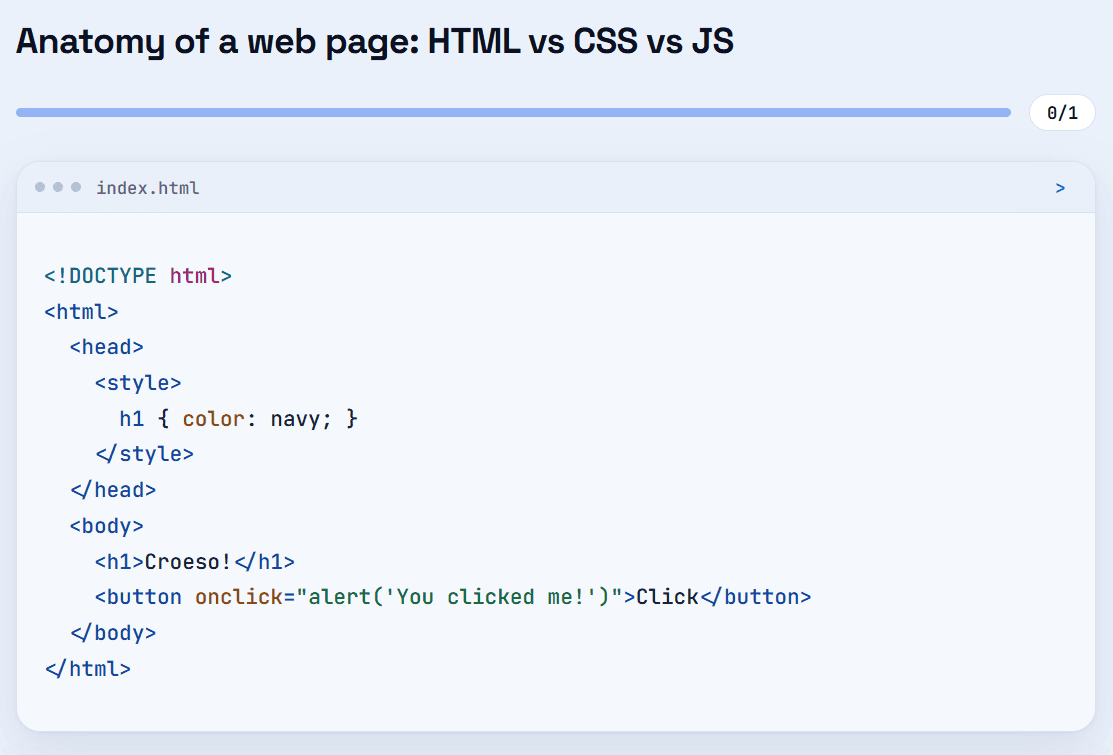 A Decoded lesson titled Anatomy of a web page, showing a short block of HTML code in a code editor panel.