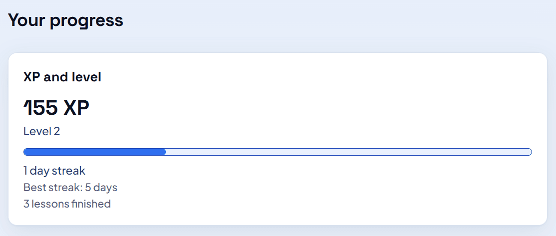 A Decoded progress card showing a learner's points, level and daily streak.