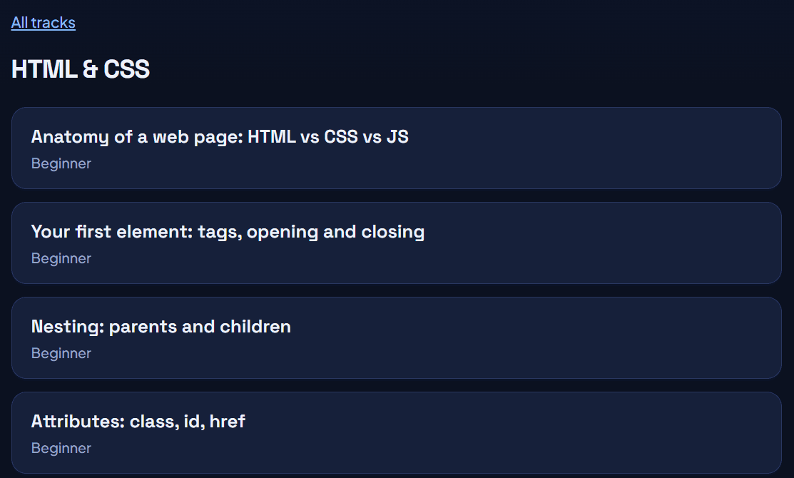 The HTML and CSS track in Decoded, shown as a list of beginner lessons with a short title and level for each.
