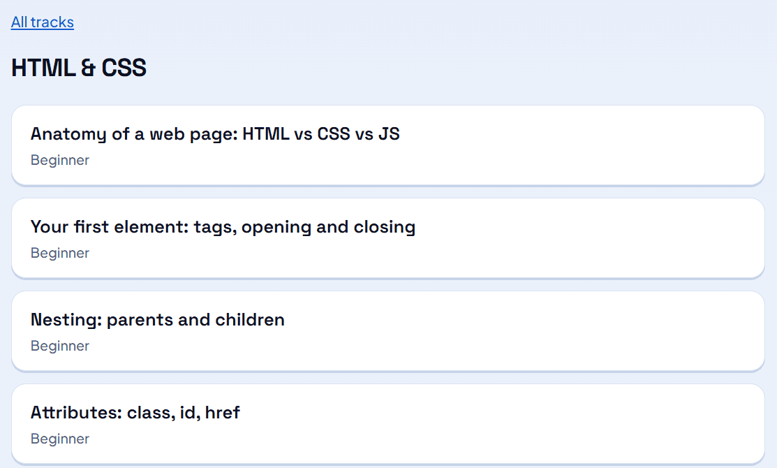 The HTML and CSS track in Decoded, shown as a list of beginner lessons with a short title and level for each.